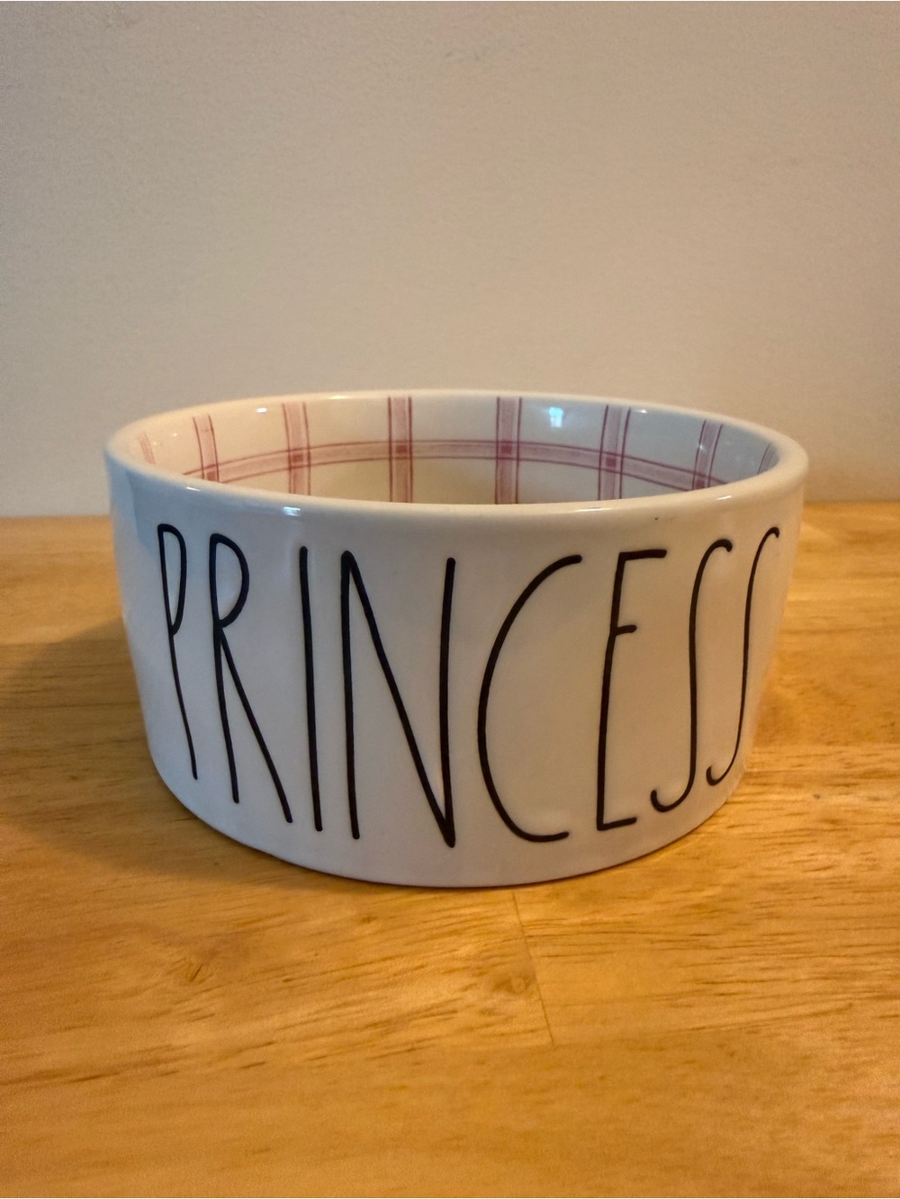 Rae Dunn White Bowl with Pink Plaid Interior - PRINCESS
